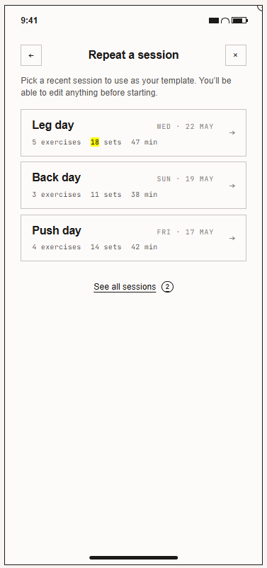 Wireframe: Repeat session step 1