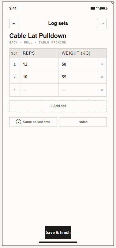 Wireframe: Log sets