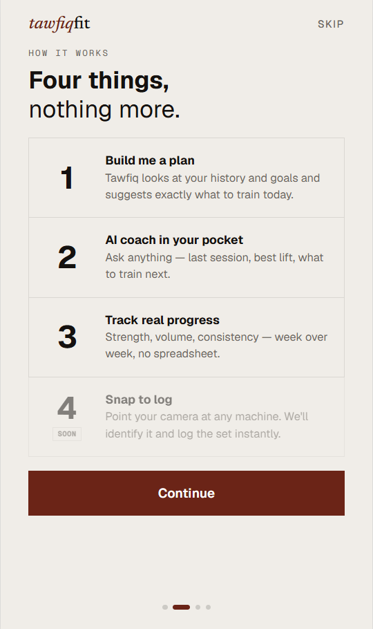 New onboarding 2 — four features, camera demoted to Soon