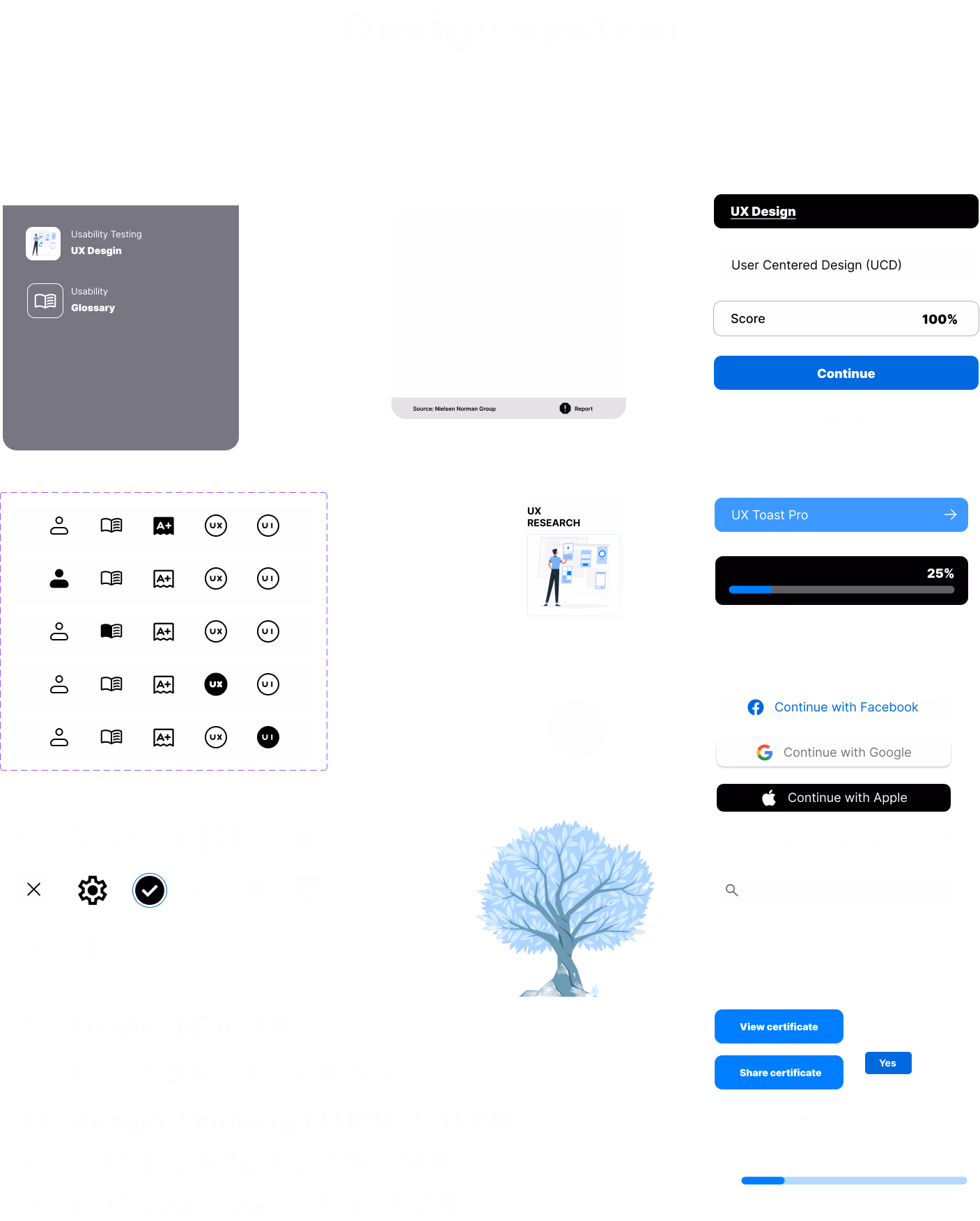 Complete design system showing all components, colors, typography, and UI elements