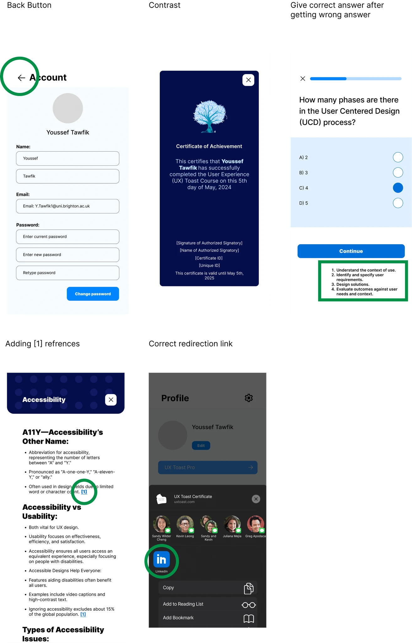 Design iterations showing before and after comparisons of key improvements