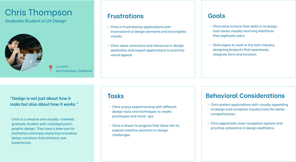 Secondary user persona showing demographics, goals, and pain points